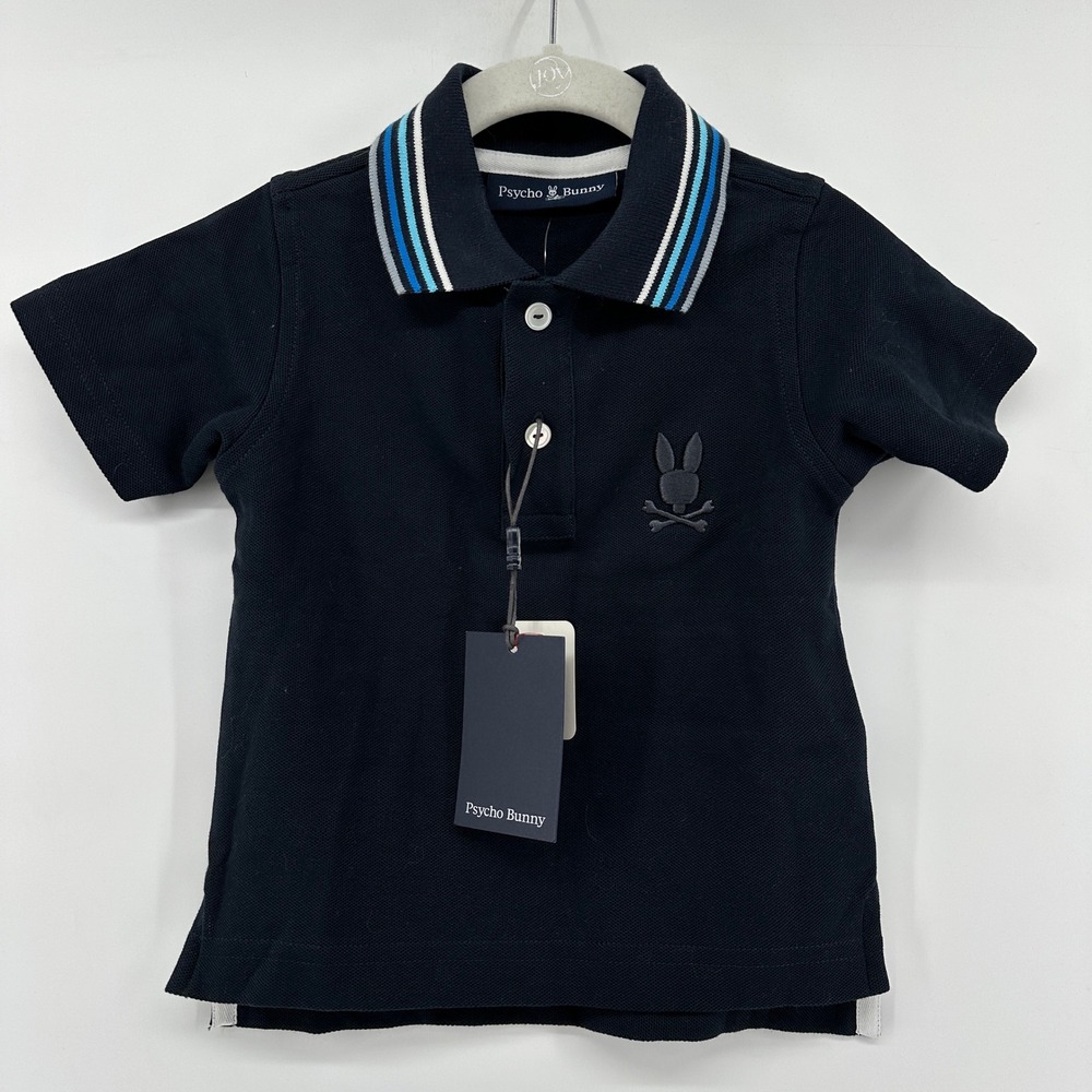 Psycho Bunny Kids Athens Pique Polo Navy Blue Striped Collar 2T B0K122Y1PC NEW